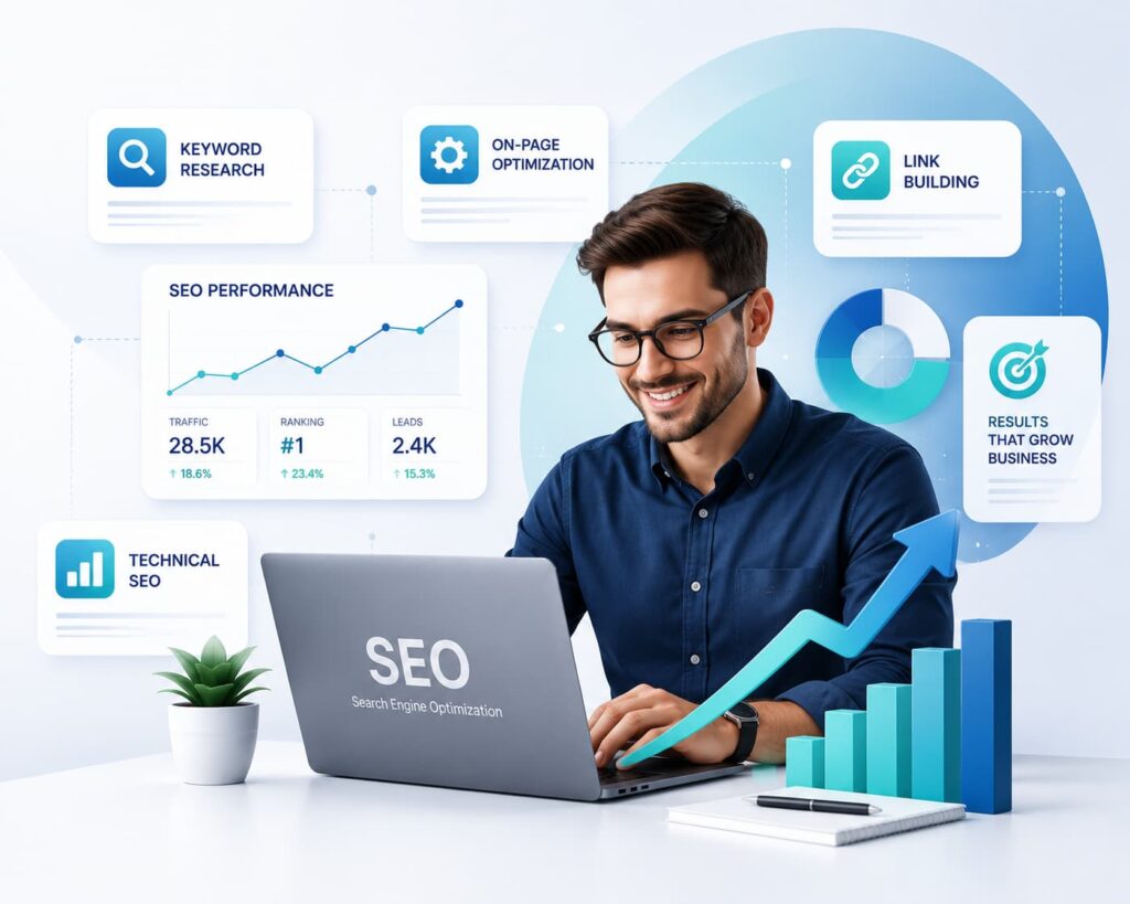 Professional SEO expert analyzing website performance and search engine optimization strategy for business growth.