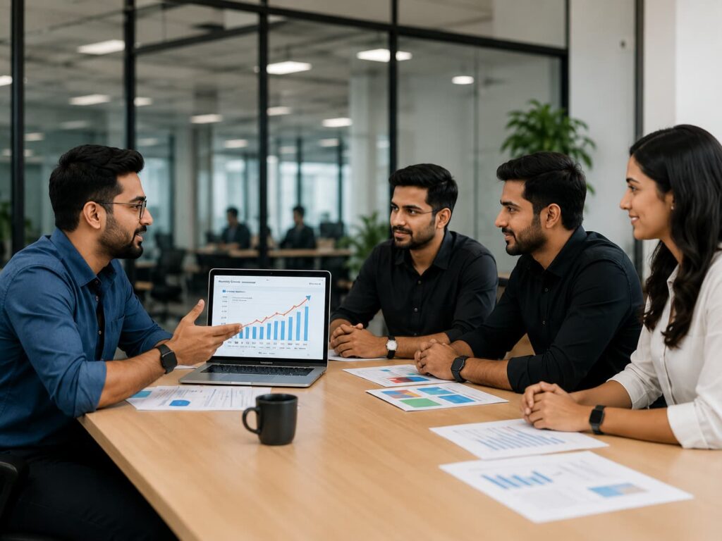 Smart Web Ads team discussing digital marketing strategy with clients in a business meeting