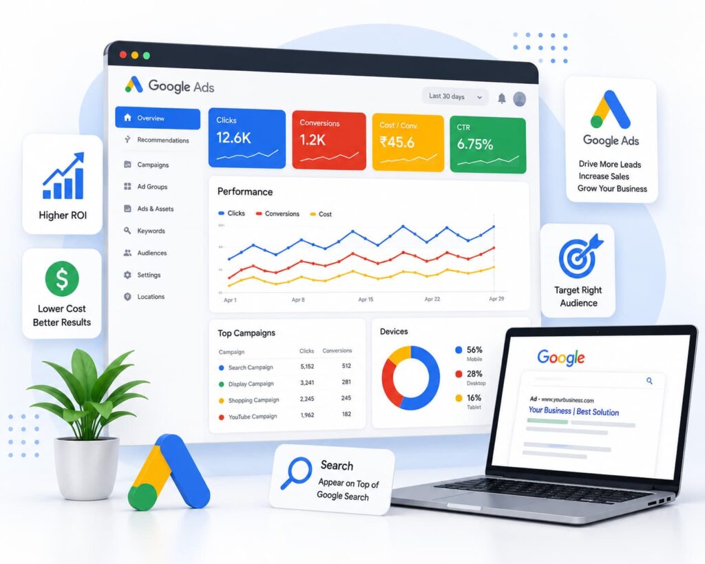 Google Ads campaign dashboard helping businesses generate quality leads in Kota