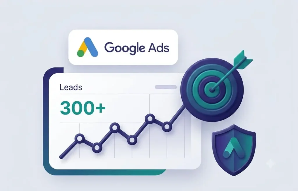 Google Ads campaign management illustration showing advertising analytics and lead generation