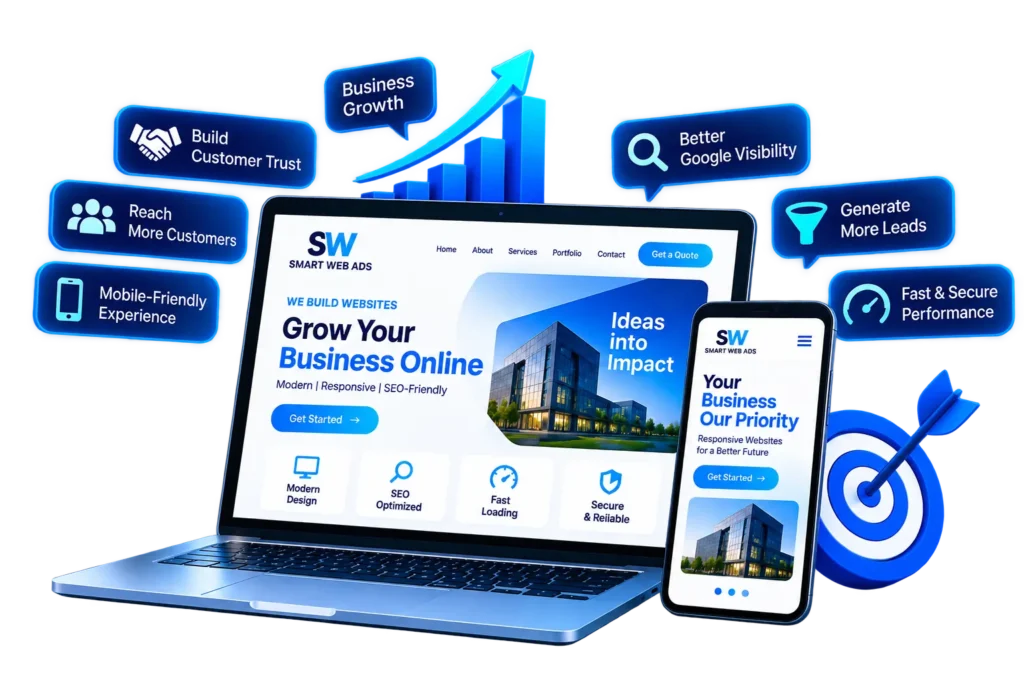 Professional website design showing responsive business website and mobile experience